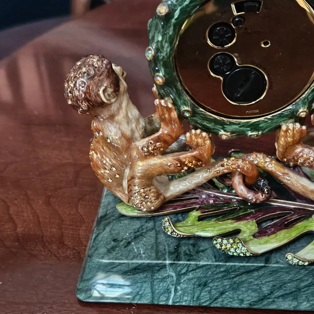 JAY STRONGWATER MONKEY DRA JUNGLE SAFARI CRYSTAL ENAMEL OFFICE DESK MANTEL CLOCK